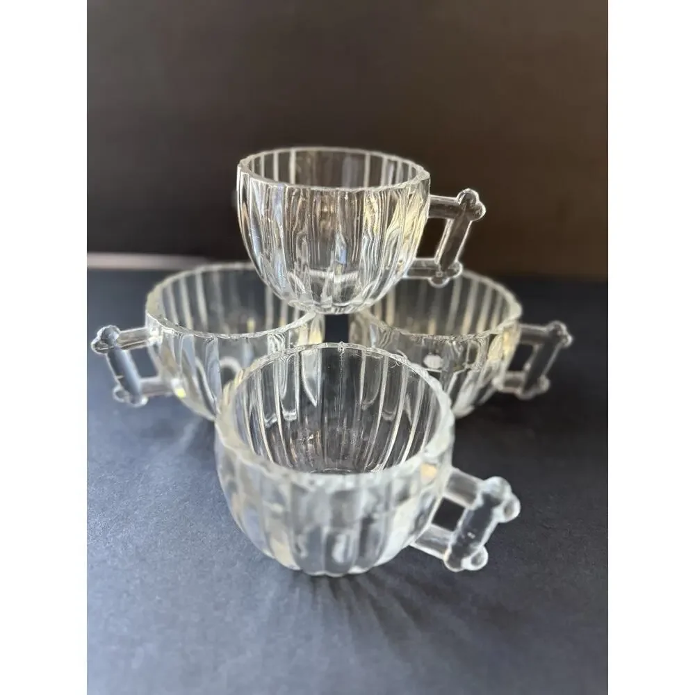 Vtg Jeannette National Tea Coffee Punch Cups Ribbed Clear Log Cabin MCM Set (4)